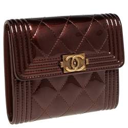 Pre Owned Chanel Brown Quilted Patent Leather Boy Wallet