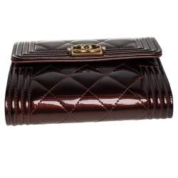 Pre Owned Chanel Brown Quilted Patent Leather Boy Wallet