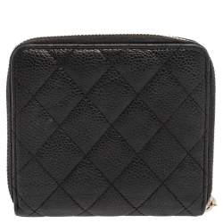 Pre Owned Chanel Black Caviar Leather Zip Around Compact Wallet