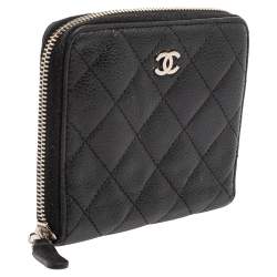 Pre Owned Chanel Black Caviar Leather Zip Around Compact Wallet