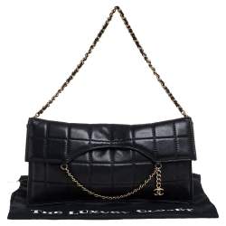 Pre Owned Chanel Black Chocolate Bar Quilted Foldover Clutch