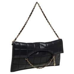 Pre Owned Chanel Black Chocolate Bar Quilted Foldover Clutch