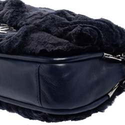 Pre Owned Chanel Navy Blue Rabbit Fur and Leather Single Flap Bag
