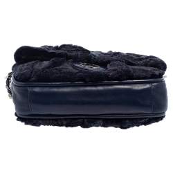 Pre Owned Chanel Navy Blue Rabbit Fur and Leather Single Flap Bag