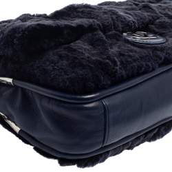 Pre Owned Chanel Navy Blue Rabbit Fur and Leather Single Flap Bag