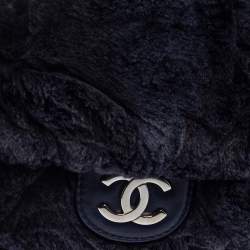 Pre Owned Chanel Navy Blue Rabbit Fur and Leather Single Flap Bag