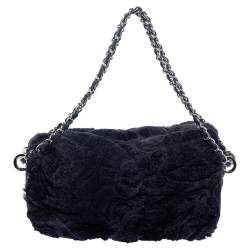 Pre Owned Chanel Navy Blue Rabbit Fur and Leather Single Flap Bag