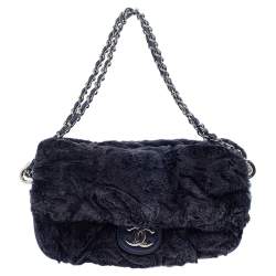 Pre Owned Chanel Navy Blue Rabbit Fur and Leather Single Flap Bag