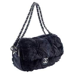 Pre Owned Chanel Navy Blue Rabbit Fur and Leather Single Flap Bag