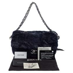 Pre Owned Chanel Navy Blue Rabbit Fur and Leather Single Flap Bag