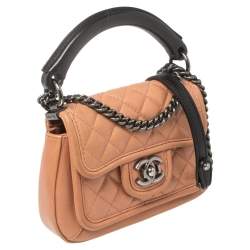 Pre Owned Chanel Peach/Black Quilted Leather Small Prestige Flap Bag