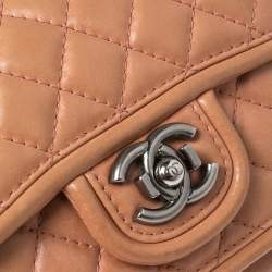 Pre Owned Chanel Peach/Black Quilted Leather Small Prestige Flap Bag