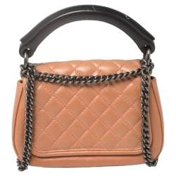 Pre Owned Chanel Peach/Black Quilted Leather Small Prestige Flap Bag