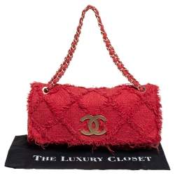 Pre Owned Chanel Red Diamond Stitch Tweed Maxi Nature Flap Bag                  