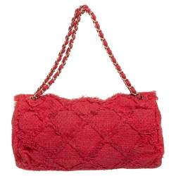 Pre Owned Chanel Red Diamond Stitch Tweed Maxi Nature Flap Bag                  