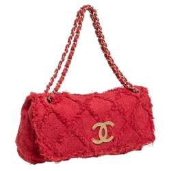 Pre Owned Chanel Red Diamond Stitch Tweed Maxi Nature Flap Bag                  