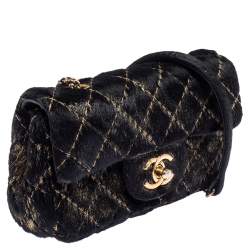 Pre Owned Chanel Black/Gold Quilted Calf Hair Extra Mini Classic Single Flap Bag