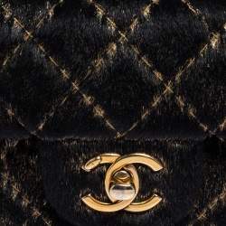 Pre Owned Chanel Black/Gold Quilted Calf Hair Extra Mini Classic Single Flap Bag
