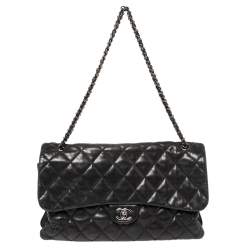 Pre Owned Chanel Black Quilted Lambskin Leather Maxi 3 Accordion Flap Bag