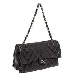 Pre Owned Chanel Black Quilted Lambskin Leather Maxi 3 Accordion Flap Bag