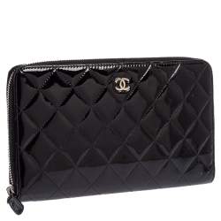 Chanel Black Quilted Patent Leather CC Zip Around Organizer Wallet