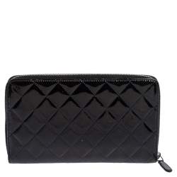 Chanel Black Quilted Patent Leather CC Zip Around Organizer Wallet