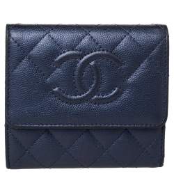 Chanel Navy Blue Quilted Caviar Leather CC Trifold Wallet