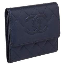 Chanel Navy Blue Quilted Caviar Leather CC Trifold Wallet