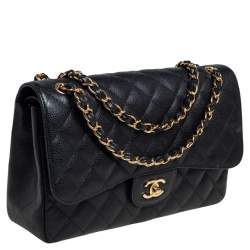 Pre Owned حقيبة شانيل كلاسيك جامبو جلد كافيار مبطن أسود بقلاب مزدوج 