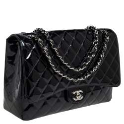 Pre Owned حقيبة شانيل كلاسيك ماكسي جلد لامع مبطن سوداء بقلاب واحد