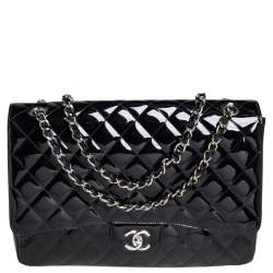 Pre Owned حقيبة شانيل كلاسيك ماكسي جلد لامع مبطن سوداء بقلاب واحد