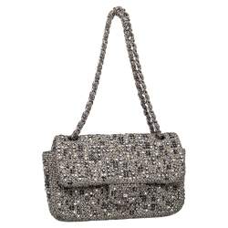 Pre Owned Chanel Monochrome Tweed Embellished Flap Bag