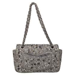 Pre Owned Chanel Monochrome Tweed Embellished Flap Bag