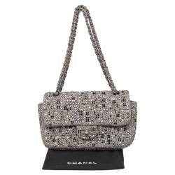 Pre Owned Chanel Monochrome Tweed Embellished Flap Bag