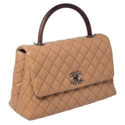 Pre Owned Chanel Beige/Maroon Caviar Leather and Lizard Medium Coco Top Handle Bag