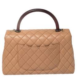 Pre Owned Chanel Beige/Maroon Caviar Leather and Lizard Medium Coco Top Handle Bag