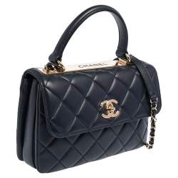 Pre Owned Chanel Navy Blue Quilted Lambskin Leather Small Trendy CC Flap Top Handle Bag