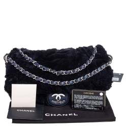 Pre Owned Chanel Navy Blue Rabbit Fur and Leather Single Flap Bag