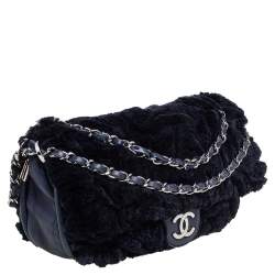 Pre Owned Chanel Navy Blue Rabbit Fur and Leather Single Flap Bag