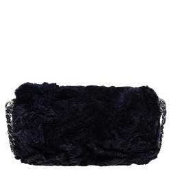Pre Owned Chanel Navy Blue Rabbit Fur and Leather Single Flap Bag