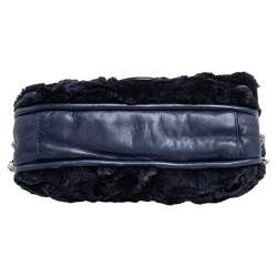 Pre Owned Chanel Navy Blue Rabbit Fur and Leather Single Flap Bag