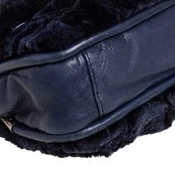 Pre Owned Chanel Navy Blue Rabbit Fur and Leather Single Flap Bag