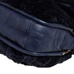 Pre Owned Chanel Navy Blue Rabbit Fur and Leather Single Flap Bag