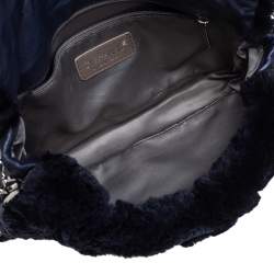 Pre Owned Chanel Navy Blue Rabbit Fur and Leather Single Flap Bag