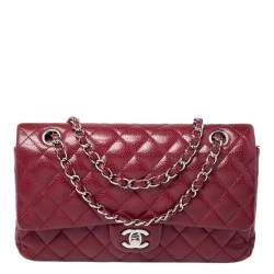 Pre Owned Chanel Red Quilted Caviar Leather Medium Classic Double Flap Bag