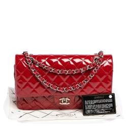 Pre Owned حقيبة شانيل قلاب مزدوج كلاسيك متوسطة جلد لامع مبطن أحمر