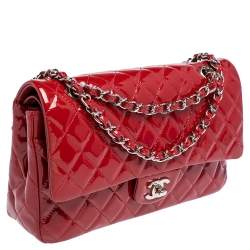 Pre Owned حقيبة شانيل قلاب مزدوج كلاسيك متوسطة جلد لامع مبطن أحمر