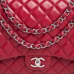 Pre Owned حقيبة يد شانيل ماكسي كلاسيك جلد كافيار مبطن أحمر بقلاب مزدوج 