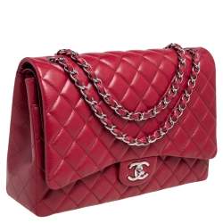 Pre Owned حقيبة يد شانيل ماكسي كلاسيك جلد كافيار مبطن أحمر بقلاب مزدوج 