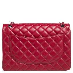 Pre Owned حقيبة يد شانيل ماكسي كلاسيك جلد كافيار مبطن أحمر بقلاب مزدوج 